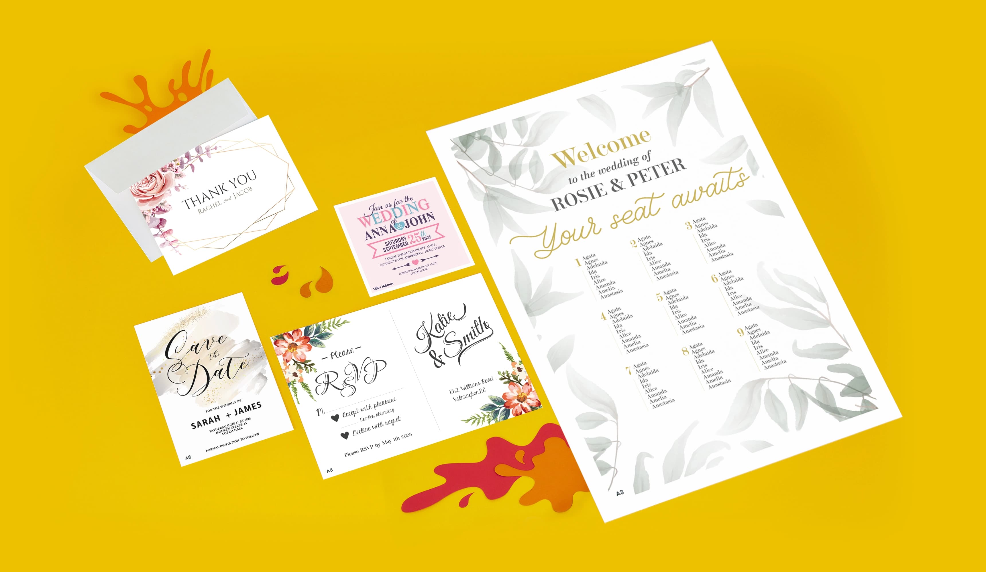 Wedding stationery set on yellow background, including invites and seating chart.
