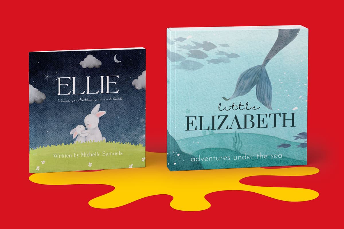 Two illustrated children's books, "Little Elizabeth" and "ELLIE," are displayed on a red background.