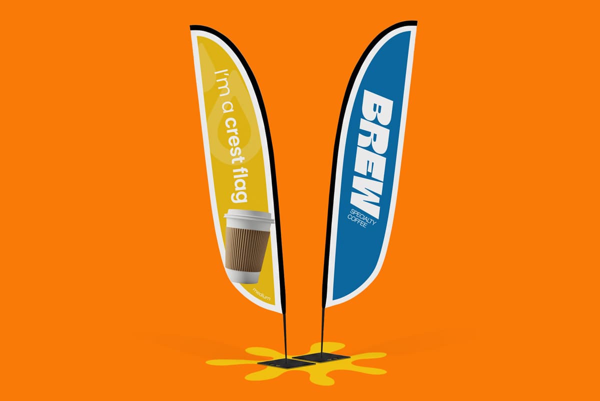 Two feather flags on stands, one yellow with a coffee cup, one blue with the word "BREW".