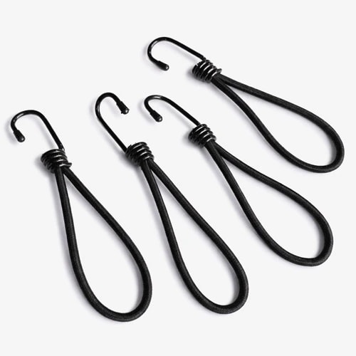 Four black elastic bungee cords with metal hooks.