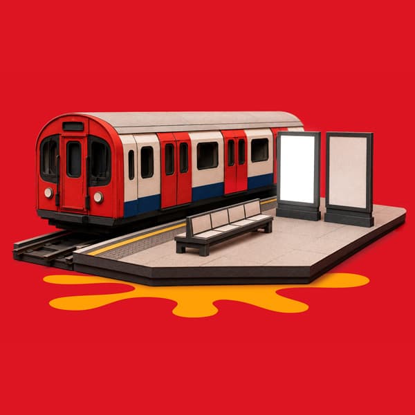Model of a subway train at a platform with benches and signboards on a red background.