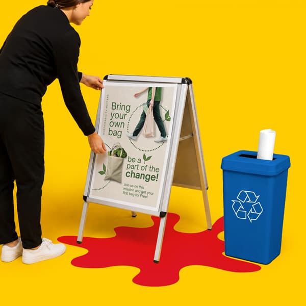 Person sets up a sign about reusable bags near a blue recycling bin on a yellow background.