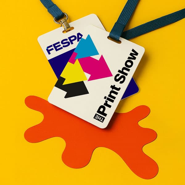Two event badges on lanyards labeled “FESPA” and “The Print Show” on a yellow background.