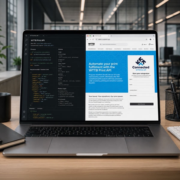 Laptop on desk displaying code editor and print API documentation in a modern office setting.