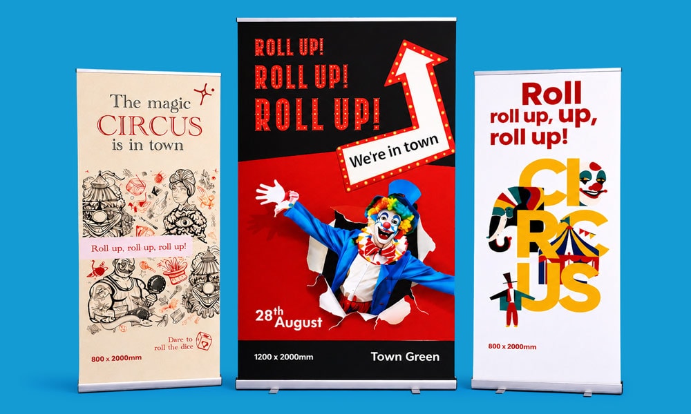 Three colourful circus-themed banners advertising a circus event on a wide, light grey background.