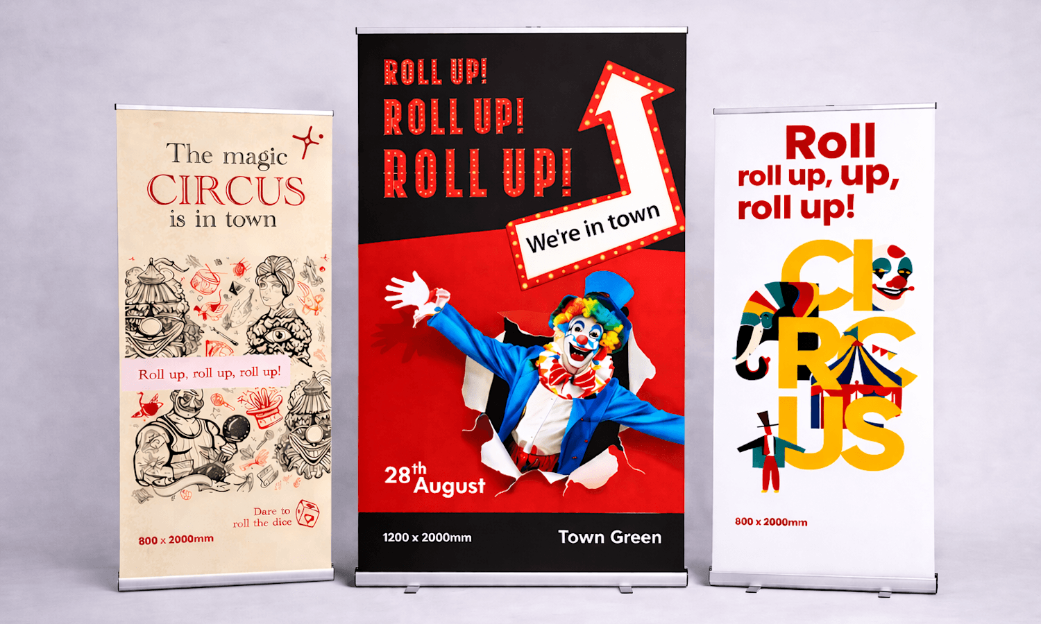 Three colourful circus-themed banners advertising a circus event on a wide, light grey background.