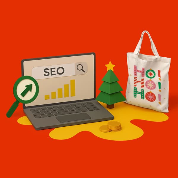 Laptop showing SEO graph, magnifying glass, coins, tote bag, and small tree on red background.