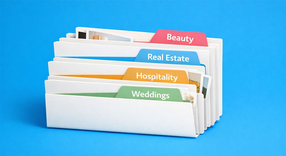 Four labeled file folders: Beauty, Real Estate, Hospitality, and Weddings, on a blue background.