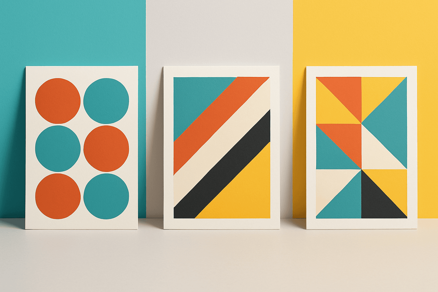 Three abstract geometric art prints with circles, stripes, and triangles in Canva, Vistaprint and WTTB colours.