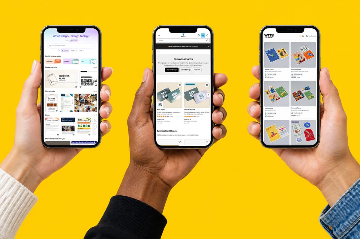 Three hands holding smartphones display printing service websites against a yellow background.