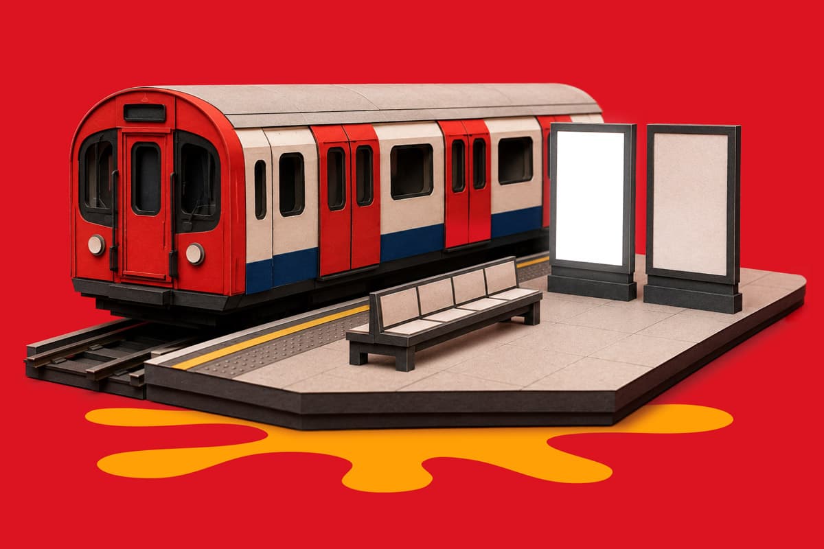 Model of a subway train at a station platform with empty signs, on a red background.