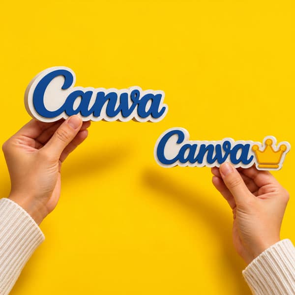 Two hands hold “Canva” signs with blue text on a yellow background; one has a crown icon.