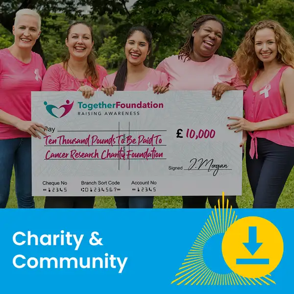 Five women hold a £10,000 charity check outdoors; “Charity & Community” text below image.