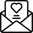 Line drawing of an open envelope containing a letter with a heart symbol on it.