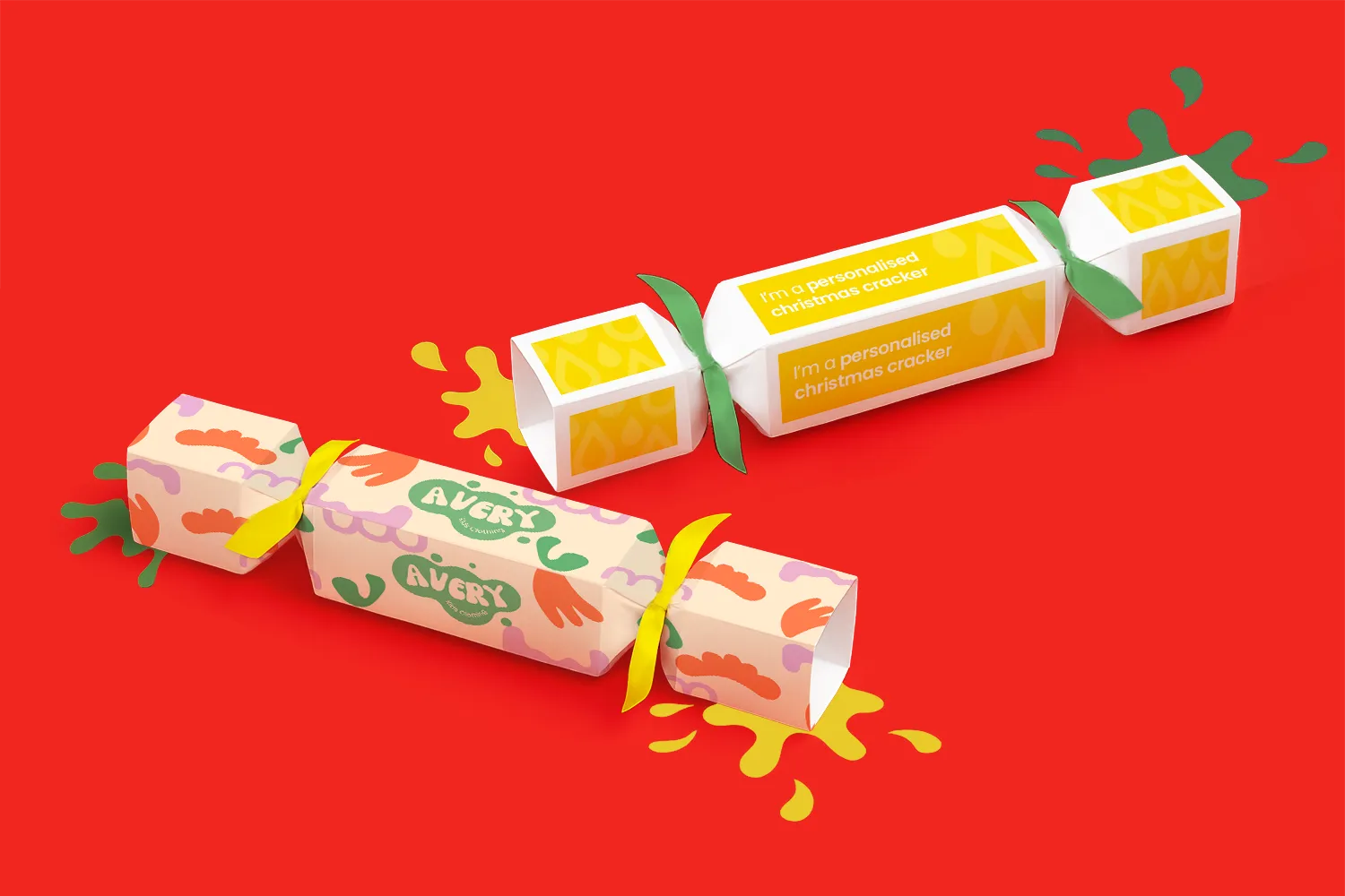 Two colourful Christmas crackers with personalised labels on a bright red background.