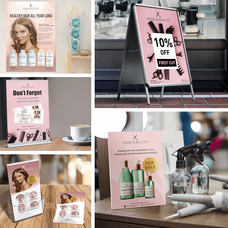 Collage of in situ imagery for a hair salon showcasing a poster, an A-frame, leaflets, a strut card and a desktop roller banner.