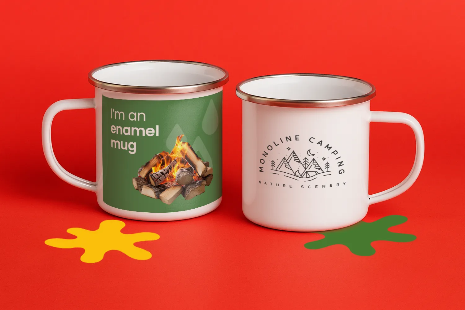 Two enamel camping mugs on a red surface, one with a campfire graphic, one with a mountain logo.