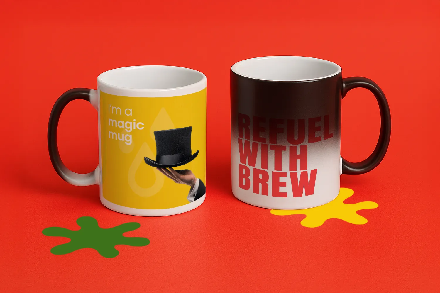 Two heat changing mugs on a red surface with splatter shapes, one yellow and one with text.
