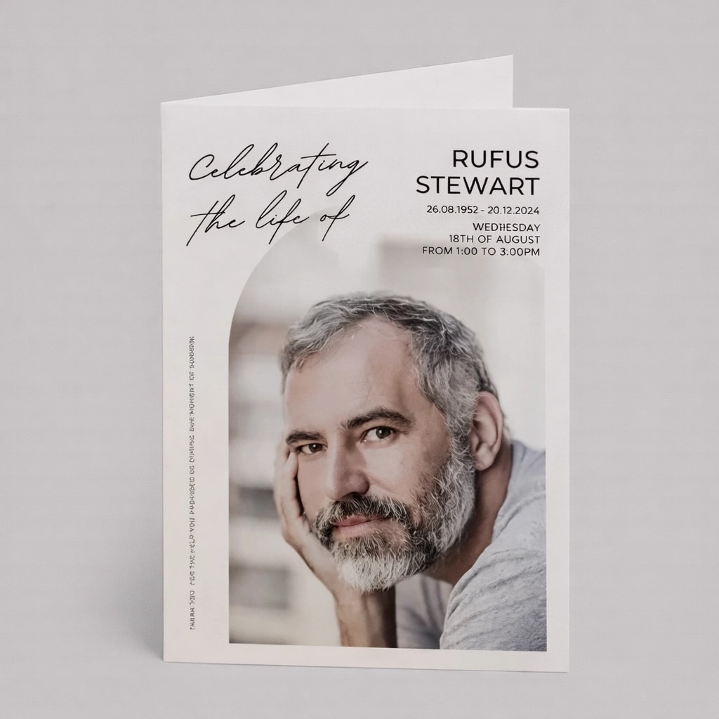 Folded memorial card with a photo of an older man and details for a celebration of life event.