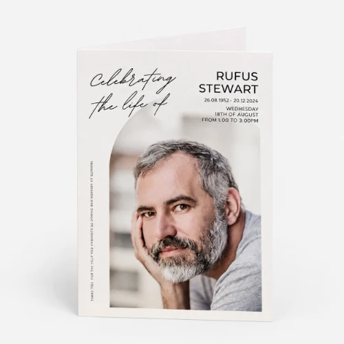 Folded memorial card with a photo of an older man and details for a celebration of life event.