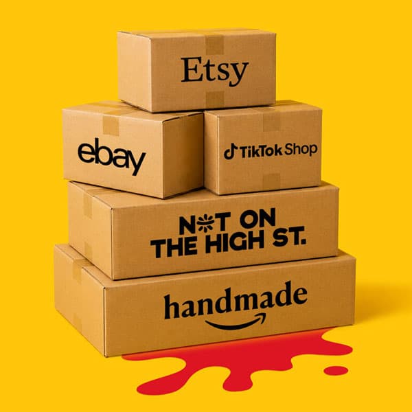 Five branded shipping boxes stacked on a yellow background with a red paint splash underneath.
