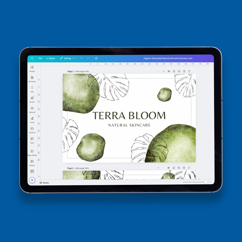 Tablet displaying a business card design for "Terra Bloom Natural Skincare" with leaf motifs.