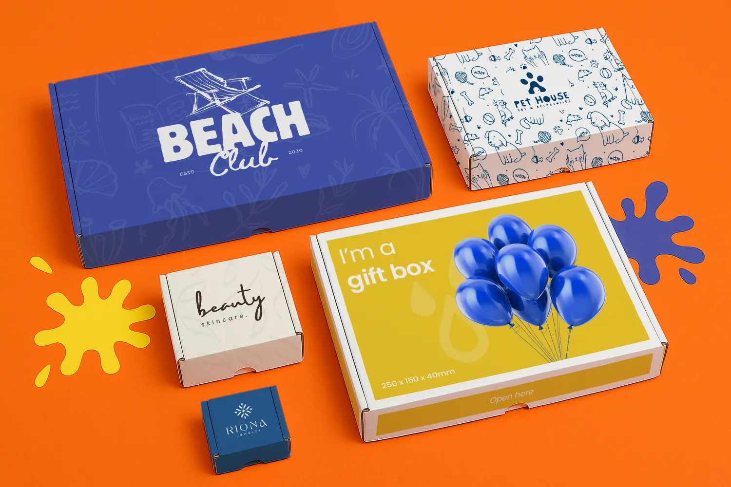 Five colourful, branded cardboard gift boxes are arranged on an orange background with paint splashes.