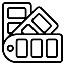 Black and white icon of a colour swatch palette fanned out next to a vertical rectangle.