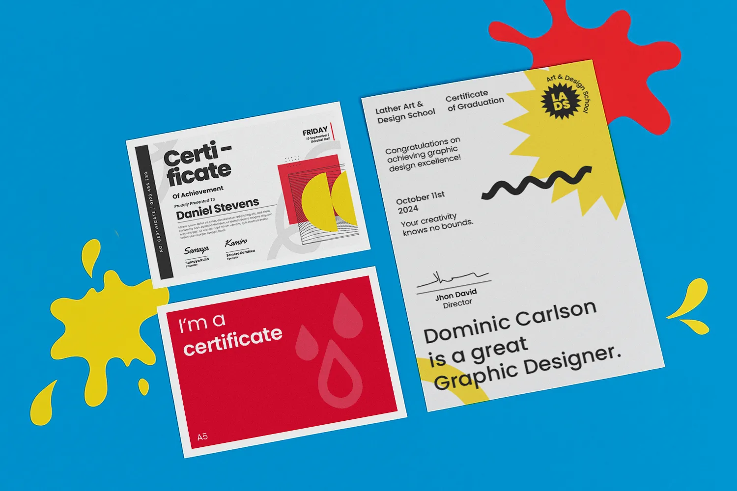 Four colourful graphic design certificates displayed on a bright blue background with splashes.