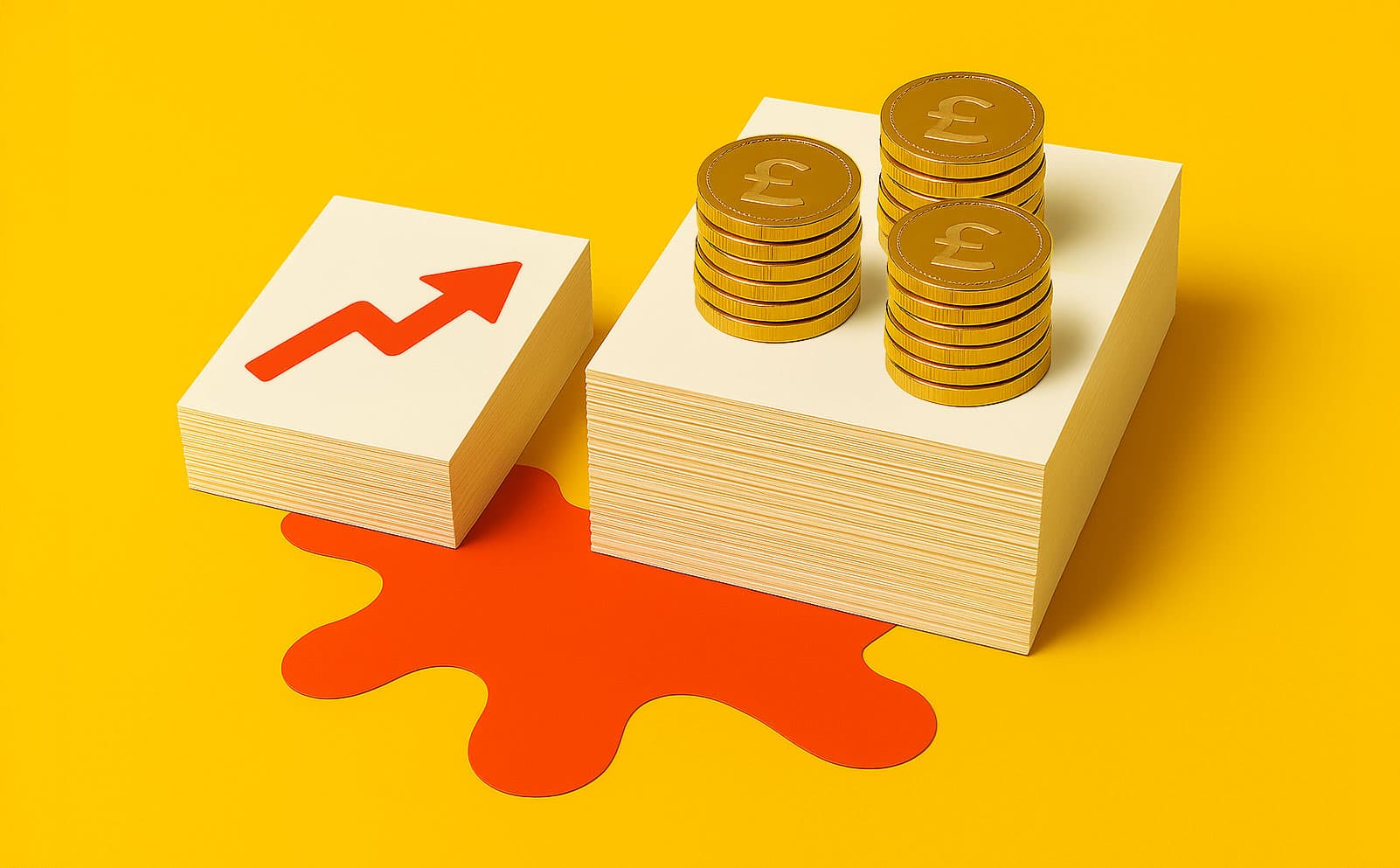 Stacks of paper with pound coins and an upward arrow, set on a yellow and orange background.