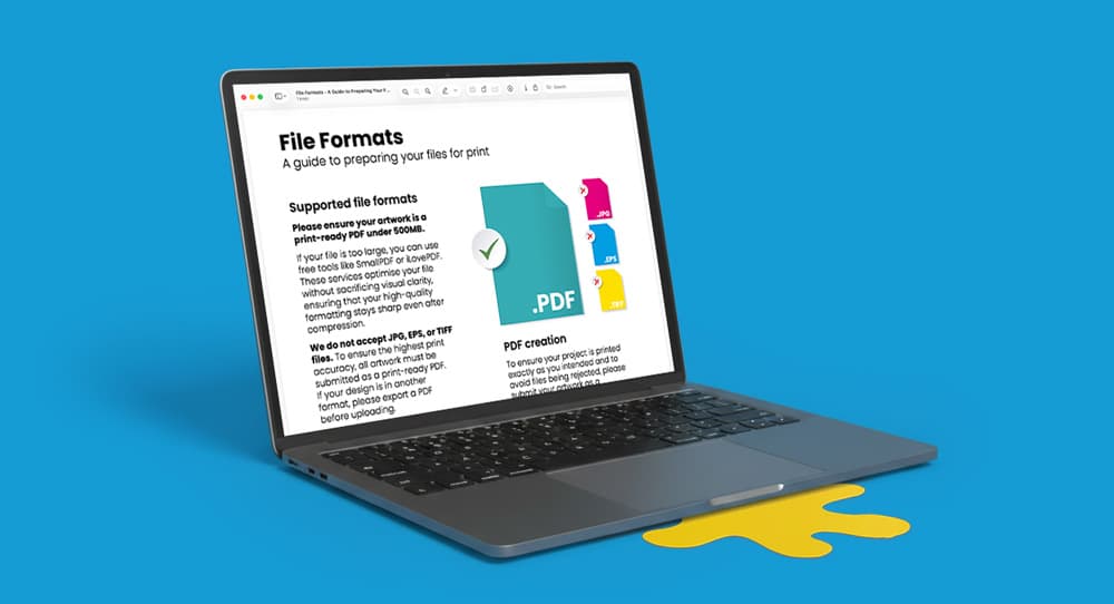 Laptop displaying a downloadable print guide, shown on a blue background.