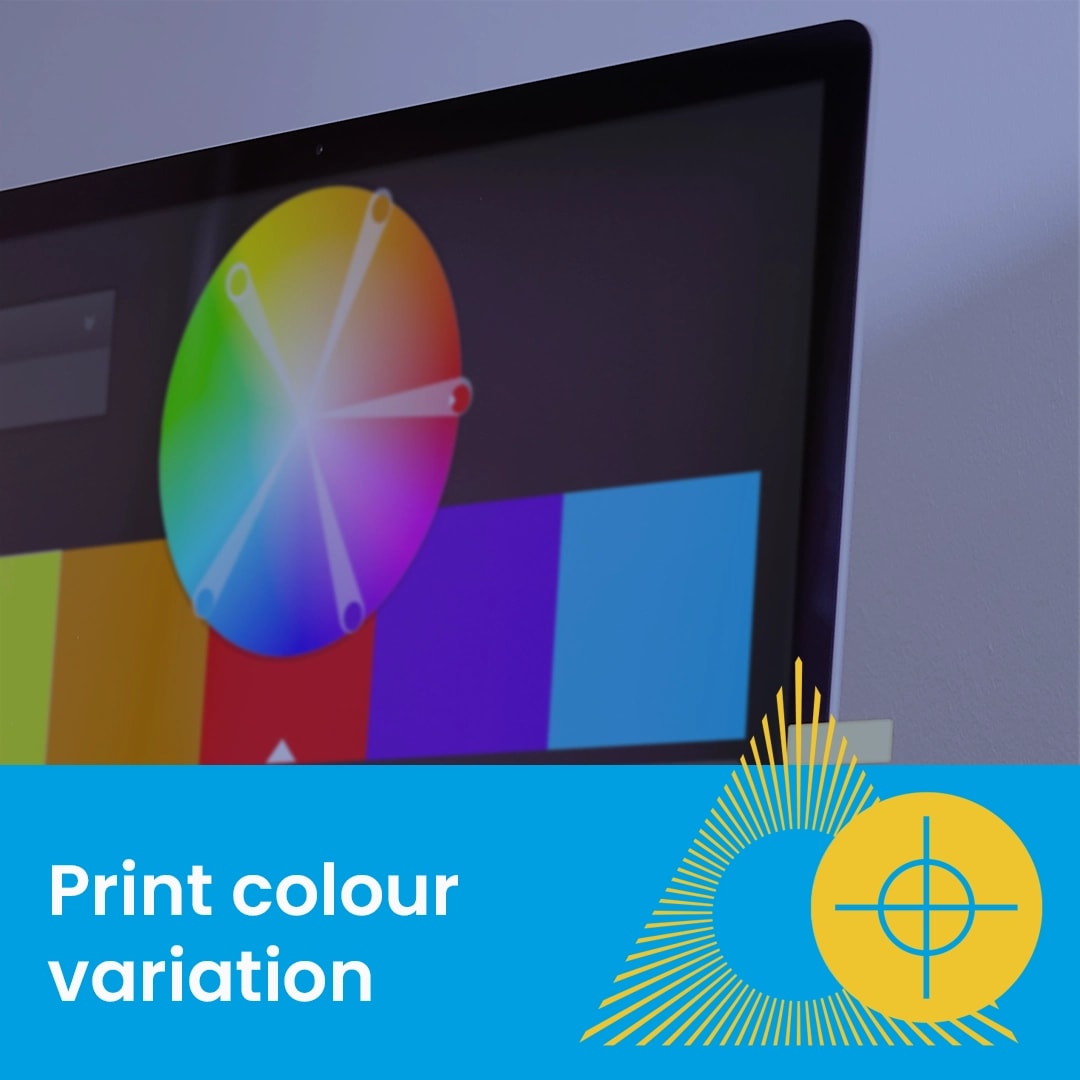 Computer screen displaying a color wheel and swatches, with text reading "Print colour variation.