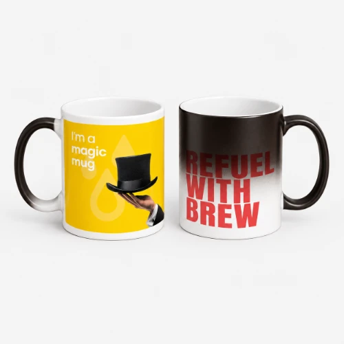 Two mugs showing a magician’s hat and the text “I’m a magic mug” and “REFUEL WITH BREW.”