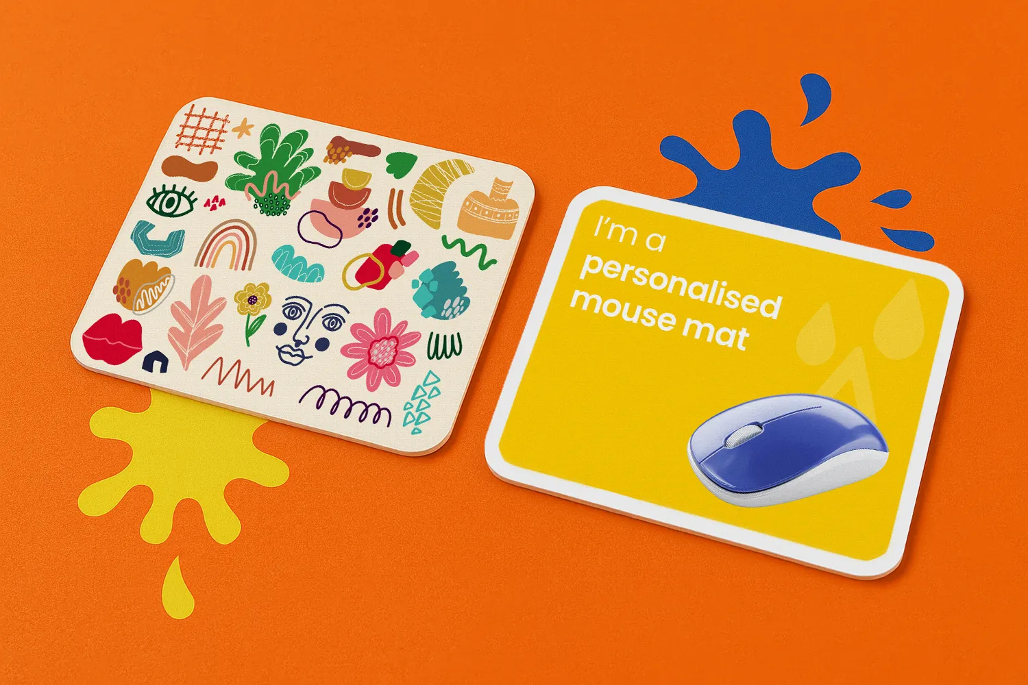 Two mouse mats on an orange surface, one with colourful doodles, one with text and a mouse graphic.