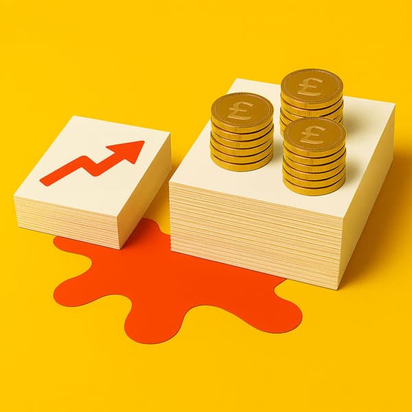 Stacks of paper, coins with pound signs, and an upward arrow on a yellow and orange background.