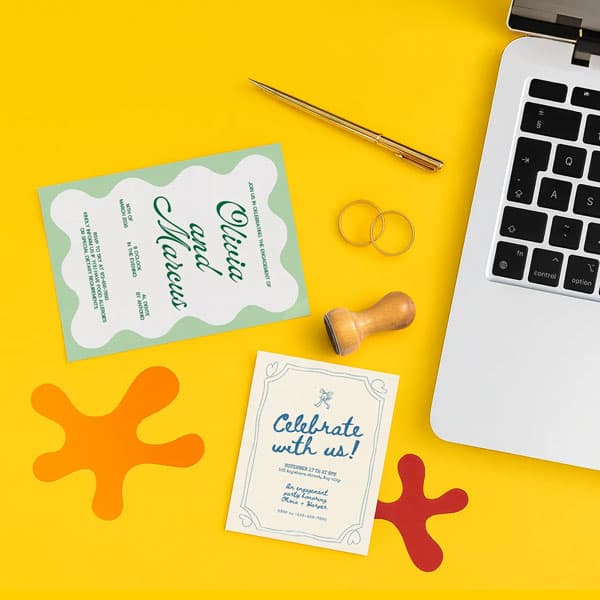 Wedding invitations, rings, pen, and laptop on a yellow desk.