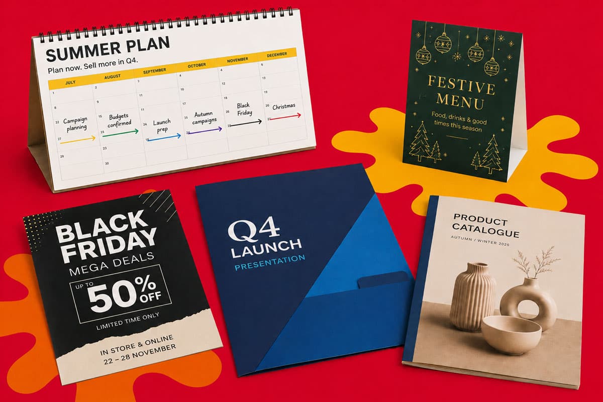A collection of business marketing materials, including calendars, flyers, and brochures prompting resellers and trade print suppliers to plan ahead in summer for Q4 business.