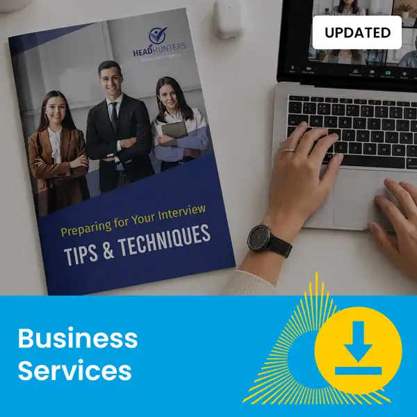 Person with laptop and interview booklet at desk; “Business Services” and download icon shown.