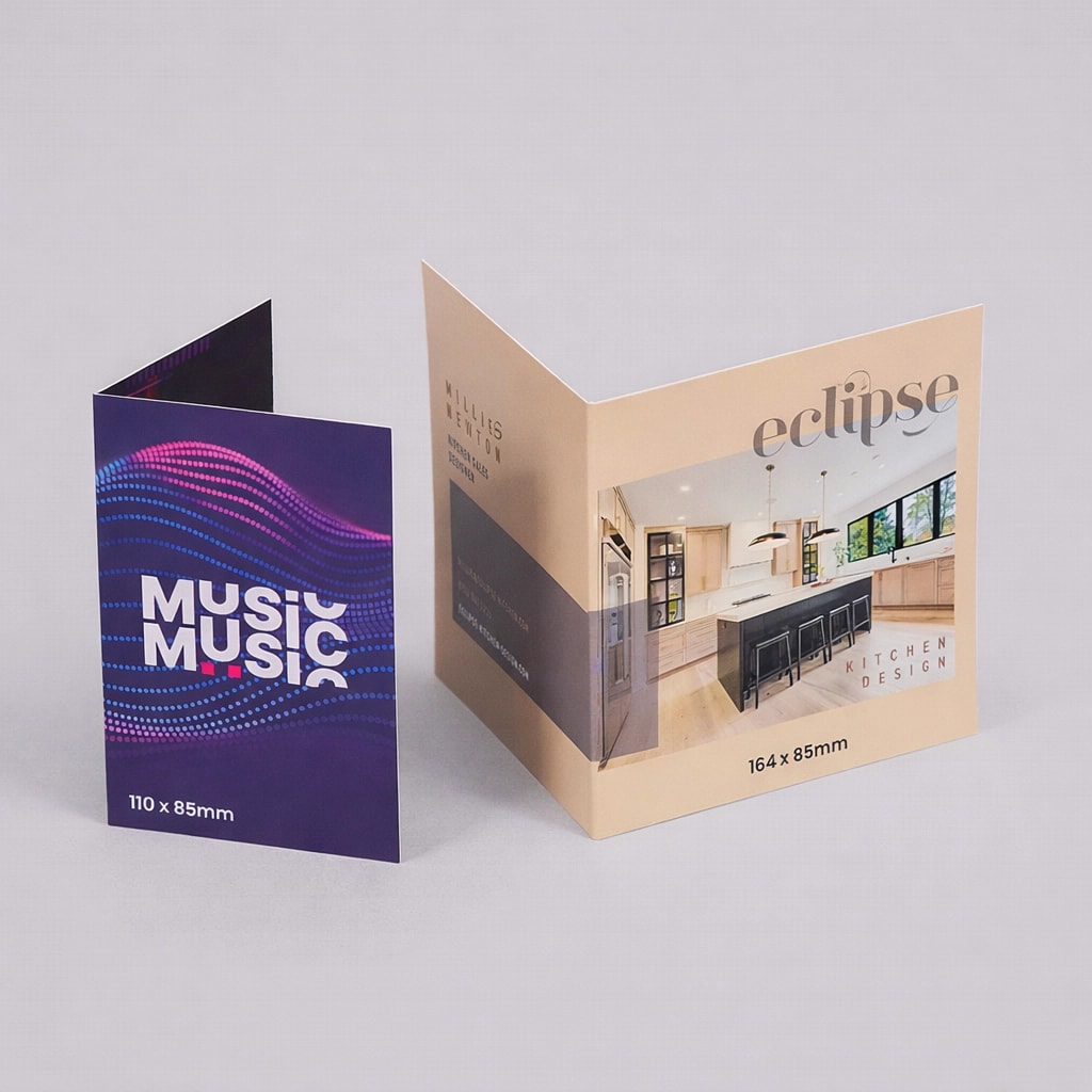 Two folded business cards are standing upright on a plain surface, displaying different designs and sizes.