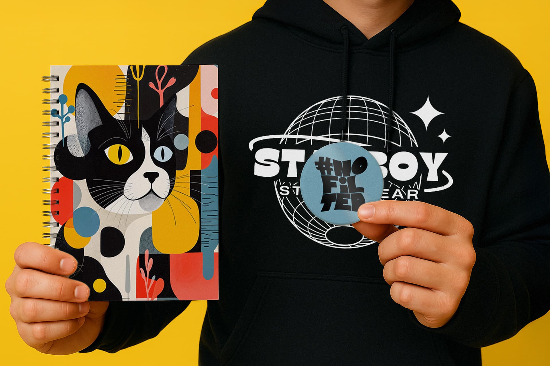 Person holds a colourful cat notebook and a #NOFILTER sticker against a yellow background.