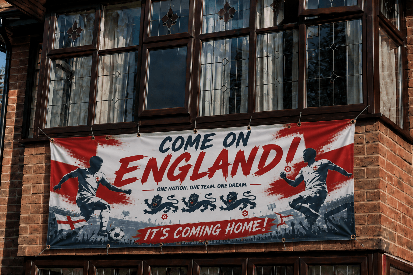Banner on house reads "Come on England! It's coming home!" with football graphics in celebration of the World Cup 2026 hosted in the US, Canada and Mexico.