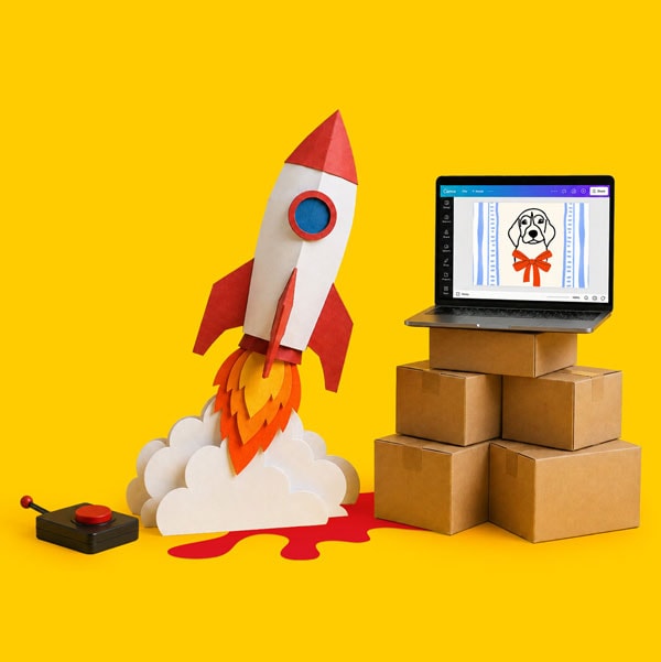 Paper rocket on cloud beside laptop on boxes, with a red button on a yellow background.