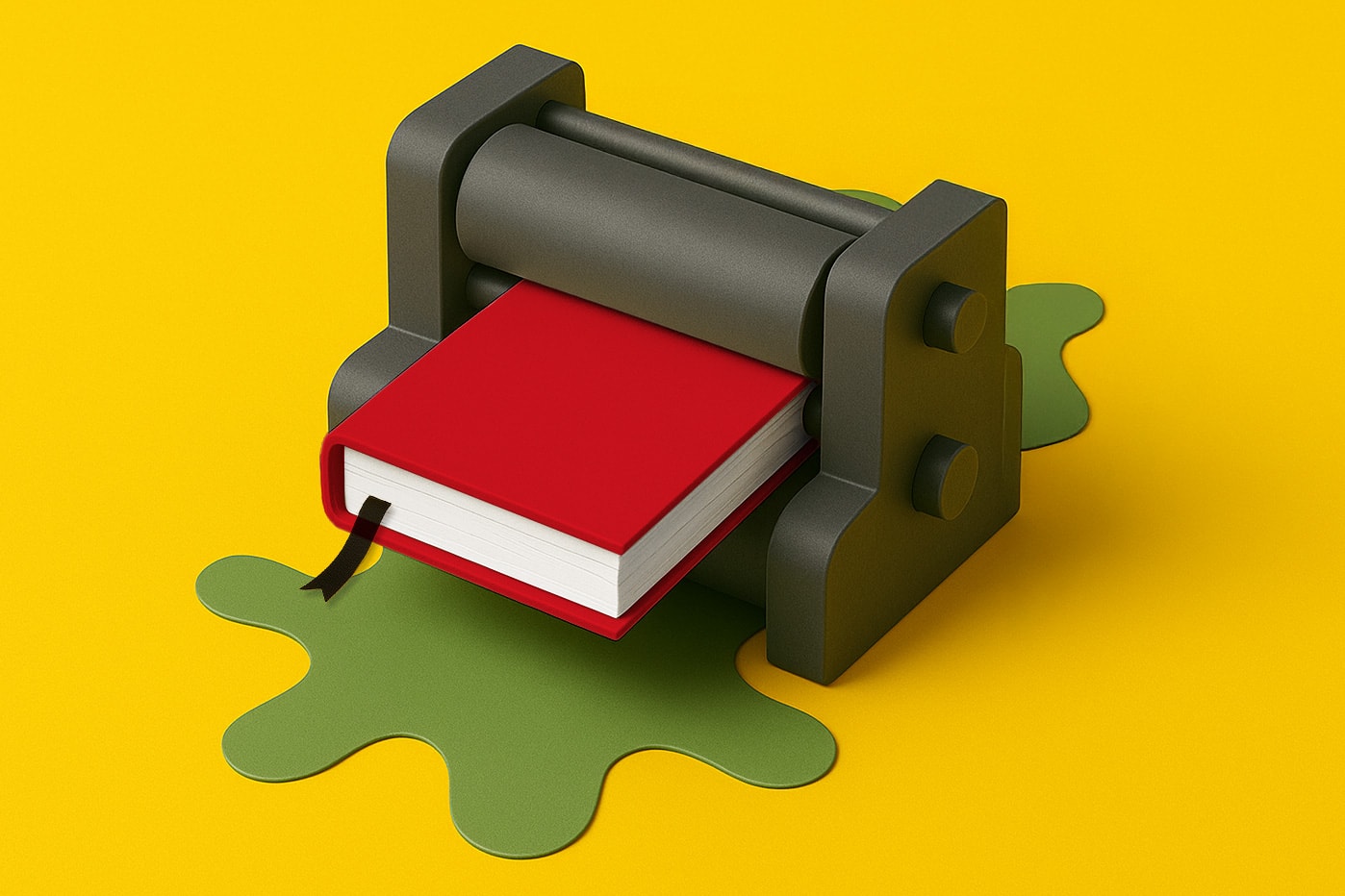 A red book is pressed through a printing press onto a green splatter on a yellow background.