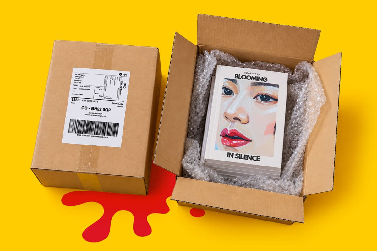 A red book is pressed through a printing press onto a green splatter on a yellow background.