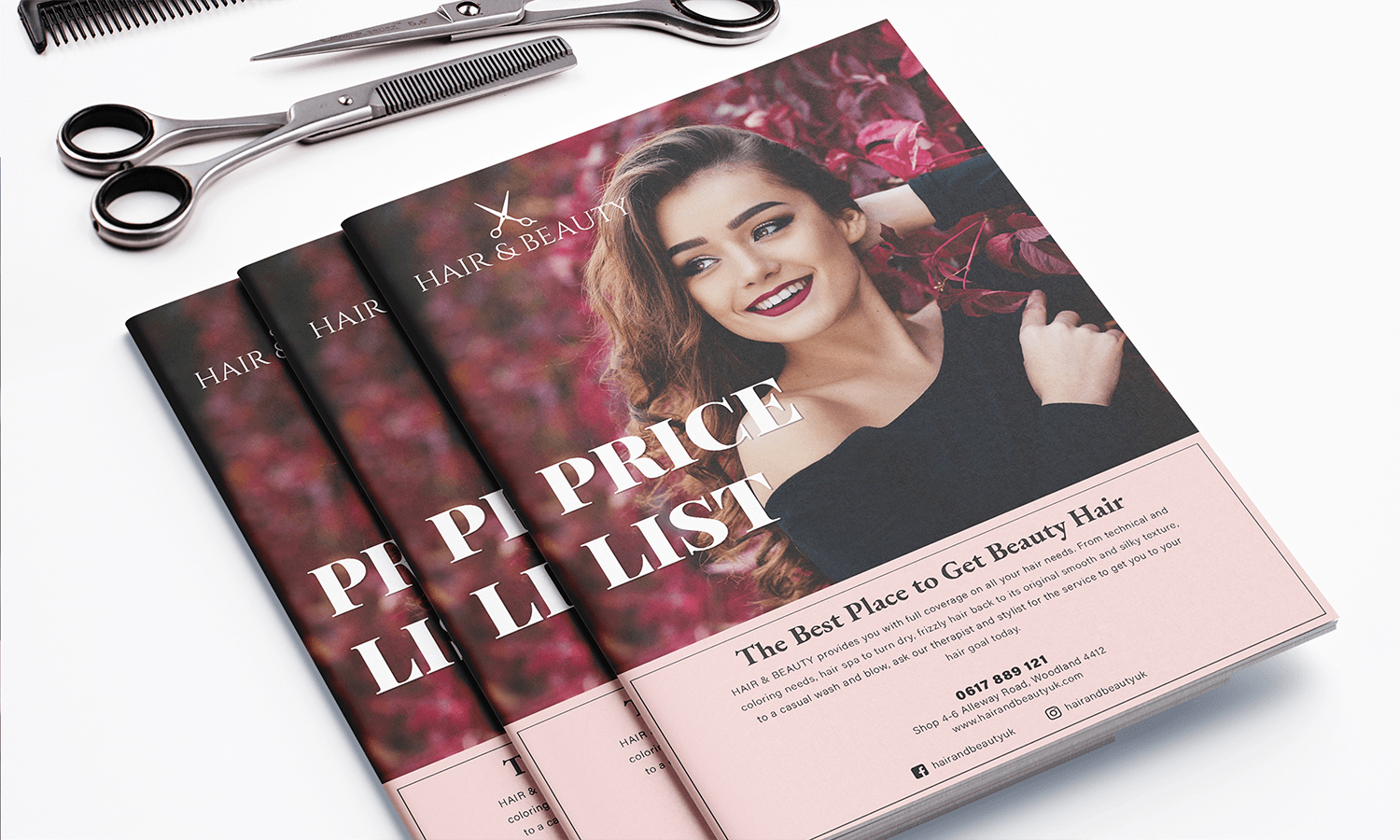 Three hair salon price list brochures with scissors placed nearby on a white surface.