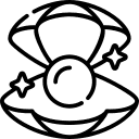 Line drawing of an open oyster shell with a pearl inside and two sparkling stars nearby.