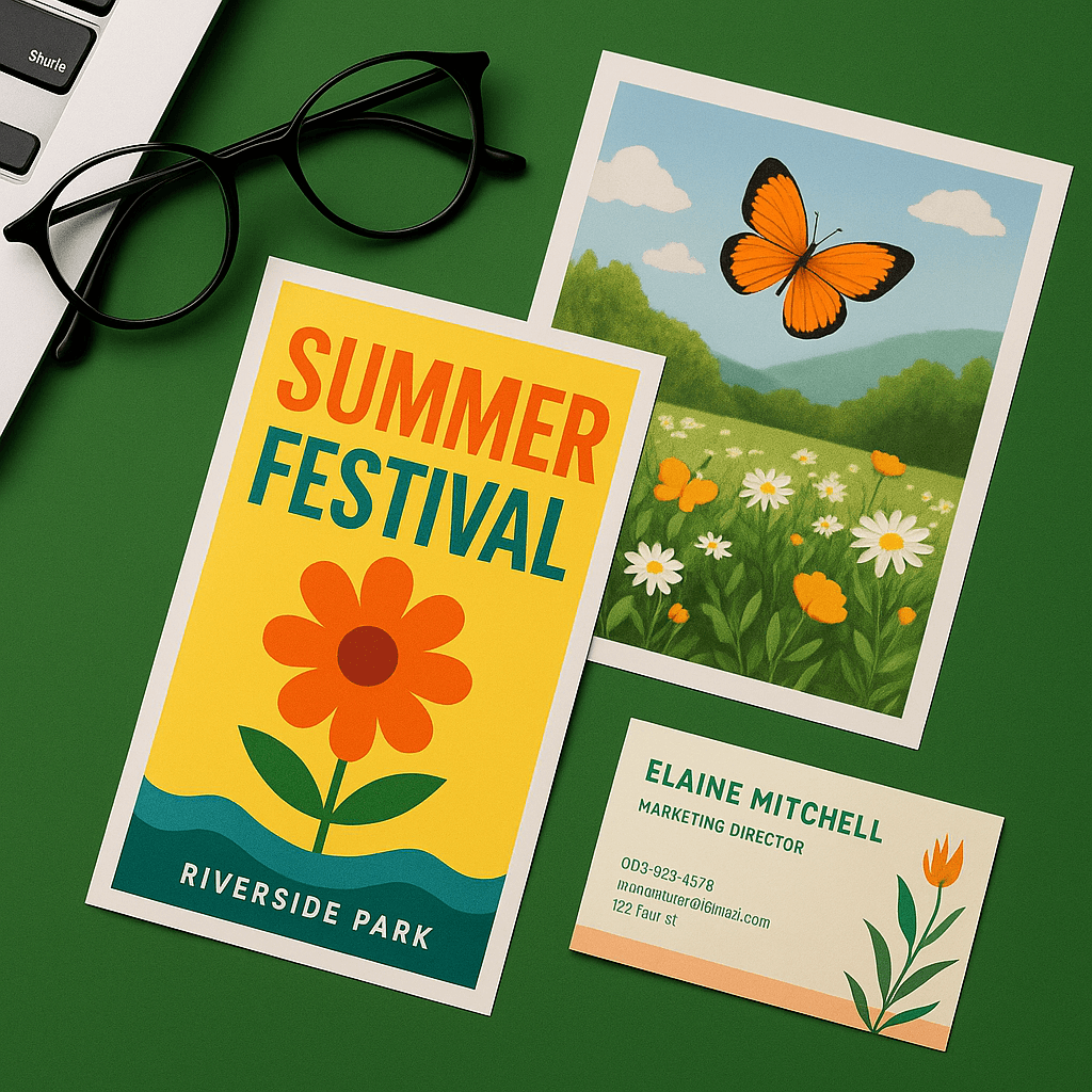 Summer festival flyer, nature postcard with butterfly, and a business card on a green surface.