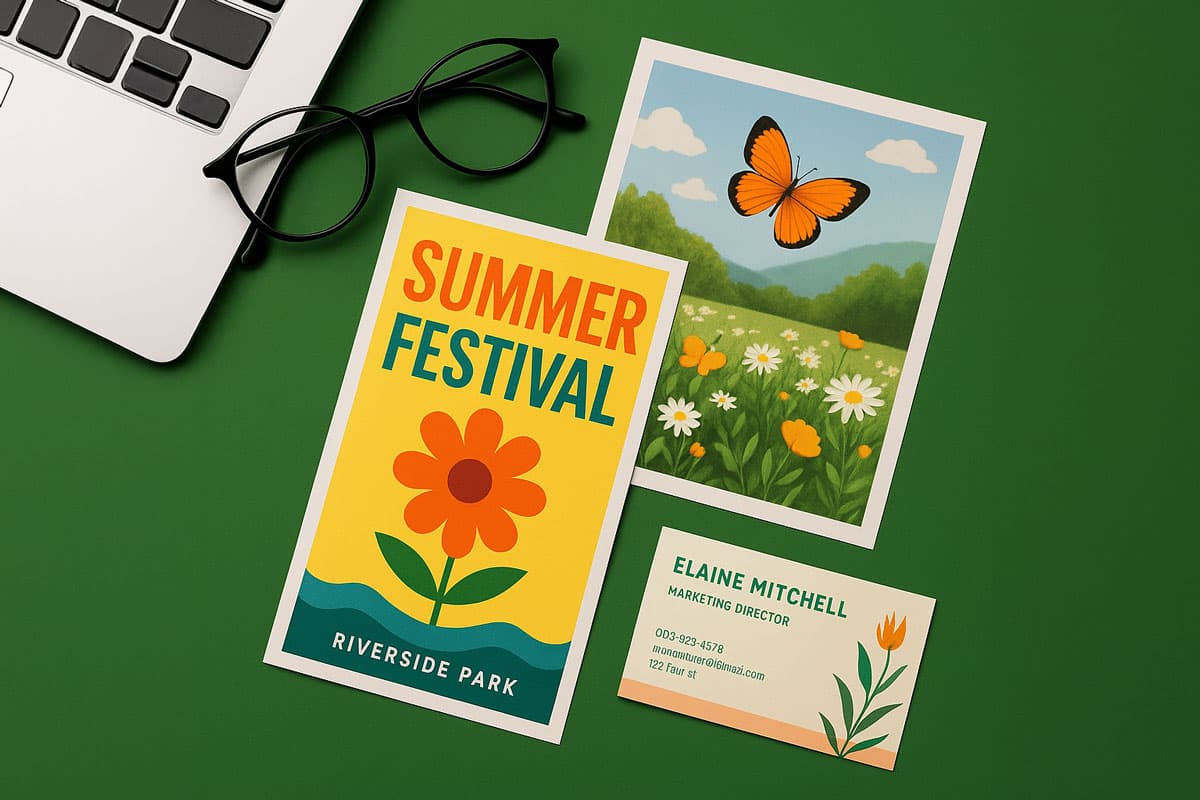 Summer festival flyer, nature postcard with butterfly, and a business card on a green surface.
