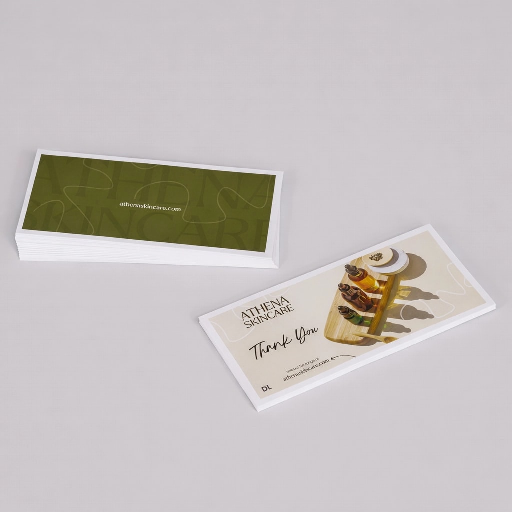 Two Athena Skincare compliment slips, one showing the front design, the other showing the back.