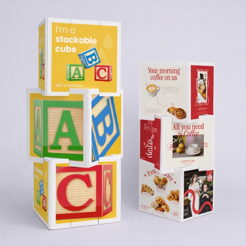 Two stackable display cube displays, one with alphabet blocks and one with coffee and pastry ads, side by side.